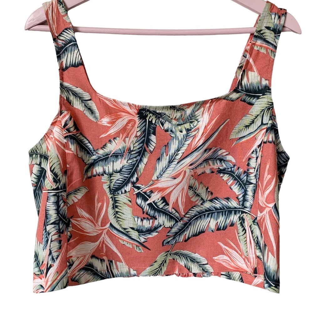CHRISTIAN SARIANO Coral Linen Blend Cropped Tropical Top Size Large NEW